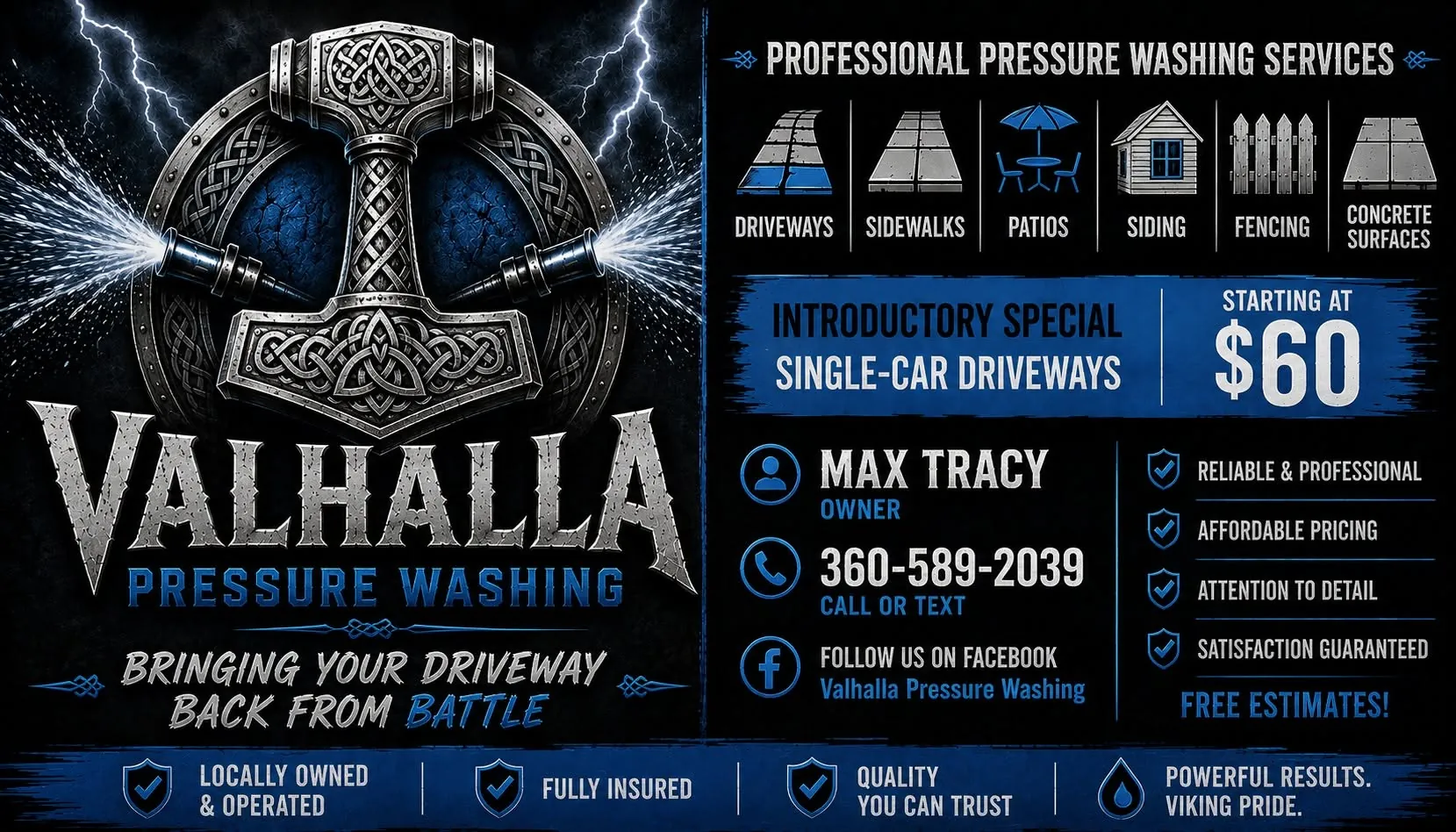 Valhalla Pressure Washing flyer: professional pressure washing services — driveways, sidewalks, patios, siding, fencing, concrete. Introductory special single-car driveways starting at $60. Max Tracy, owner. 360-589-2039.